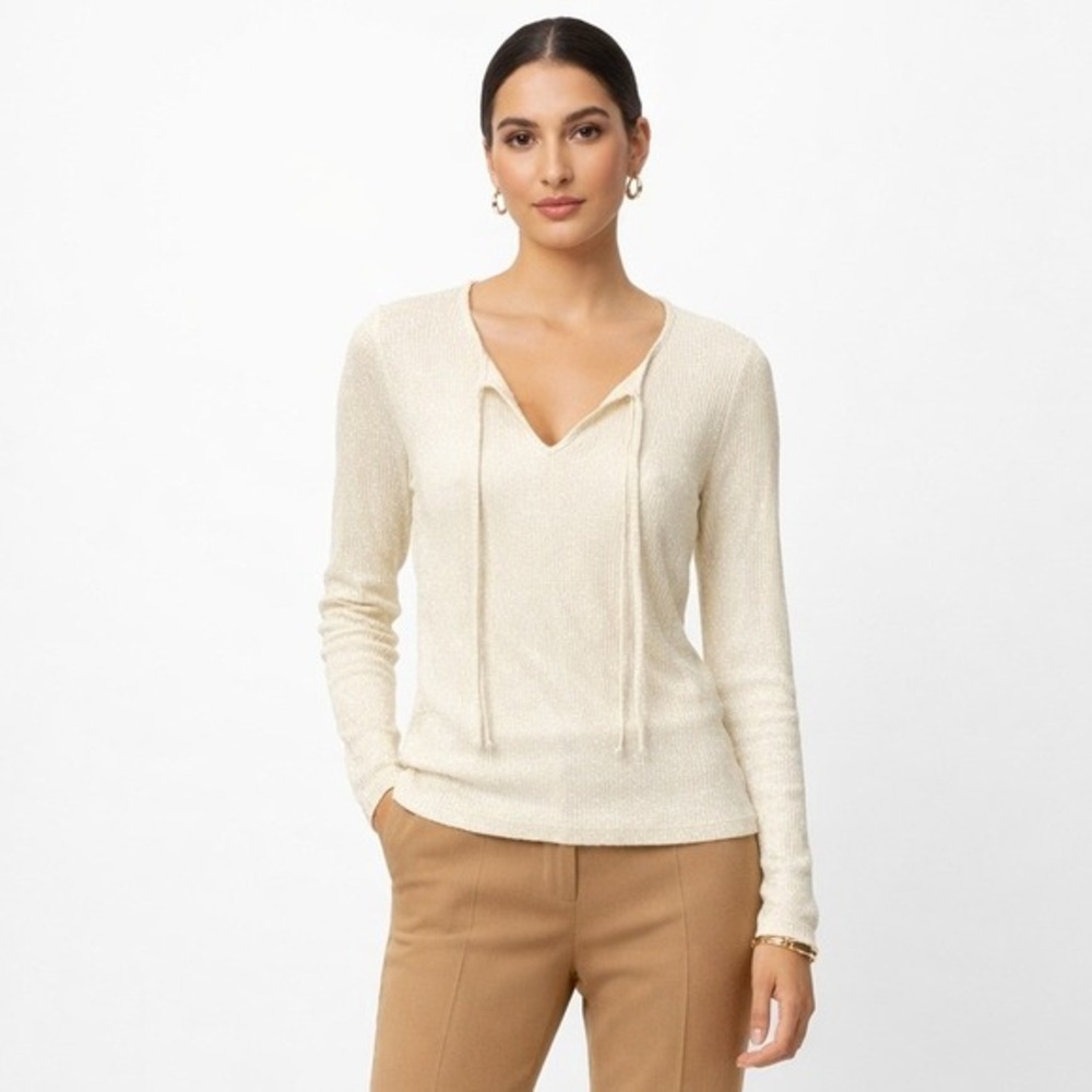 Les Serein Rio Tie Neck‎ Lurex Knit Top Off-White Metallic Ribbed Long Sleeve M